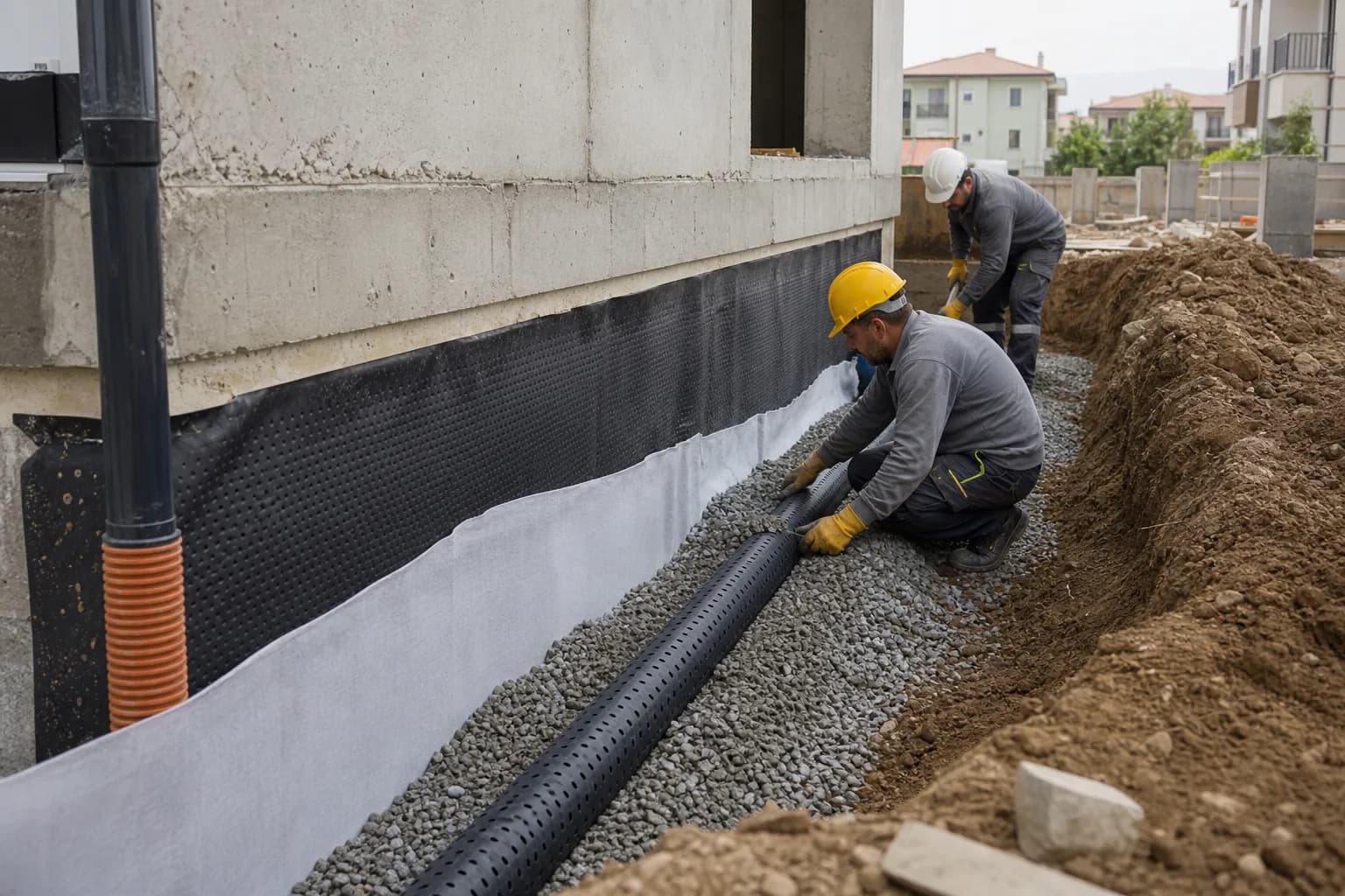 Bir yapının temel çevresinde drenaj borusu, geotekstil ve çakıl uygulaması